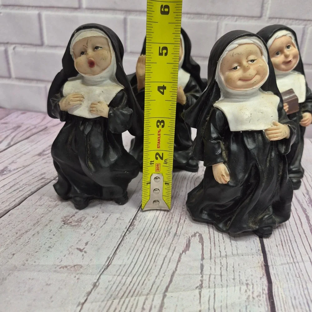 Vintage Set of 4 Singing Nun Figurines Black White Religious Sisters Decor 5in